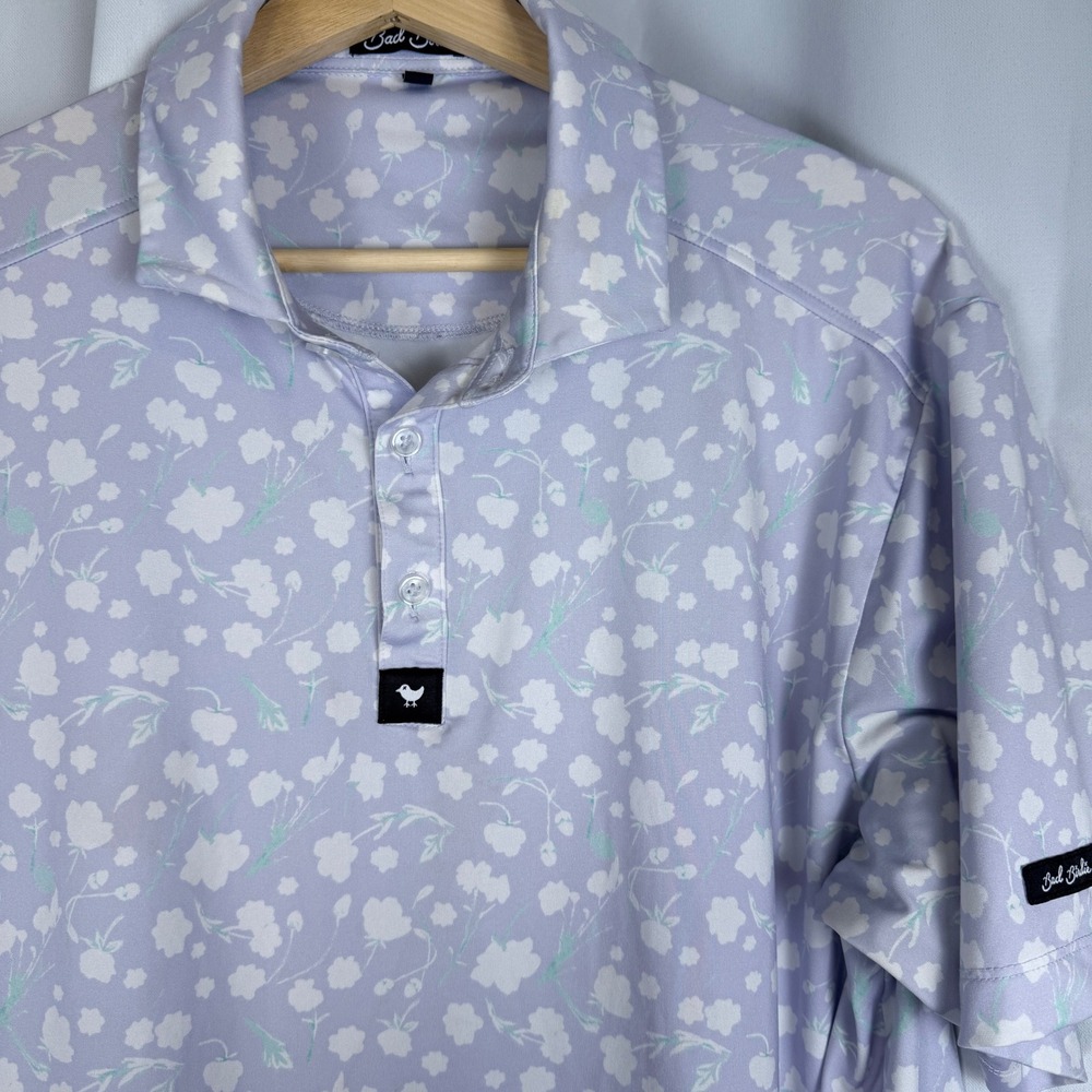 Bad Birdie Mens Golf Polo Shirt Large Purple White Floral Performance Stretch
